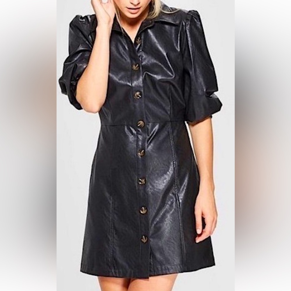 NWT Who What Wear Black Faux Leather 3/4 Sleeve Button Up Dress Sz XS